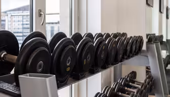 En række af sorte håndvægte arrangeret på et stativ i et fitnesscenter. Stativet er placeret i nærheden af store vinduer, der slipper naturligt lys ind. Udenfor ses en visning af bygninger. Rummet har hvide vægge og et spejlparti, der afspejler vægtene.